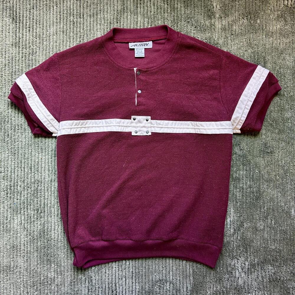 Authentic Vintage Burgundy & White Striped Athletic Sports Tee – XL Fits S/M